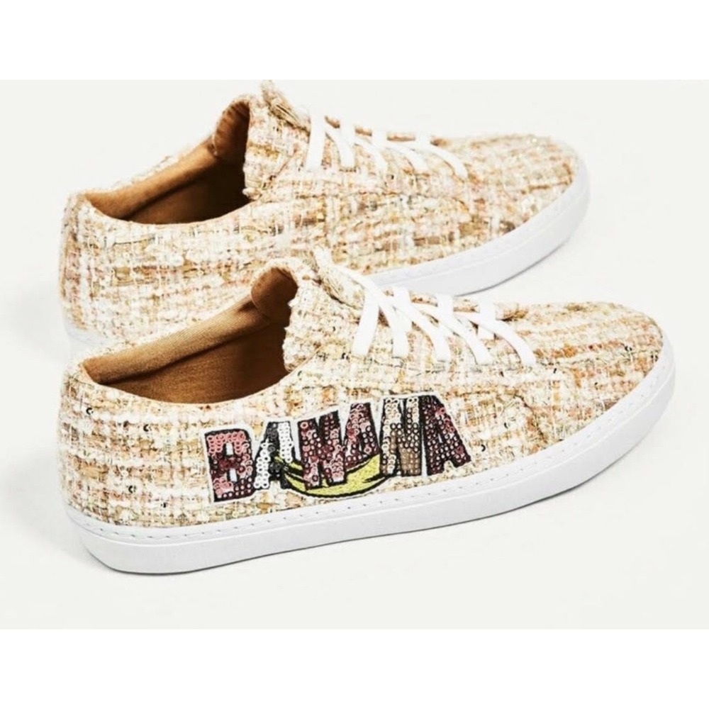 Sparkling Banana Sequin Tweed Sneakers Women Size 5 US 35 EU‎ Casual Lace Up